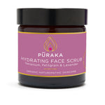 Pūraka Hydrating Face Scrub with Geranium, Petitgrain and Lavender in amber glass jar, 60ml