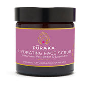Pūraka Hydrating Face Scrub with Geranium, Petitgrain and Lavender in amber glass jar, 60ml